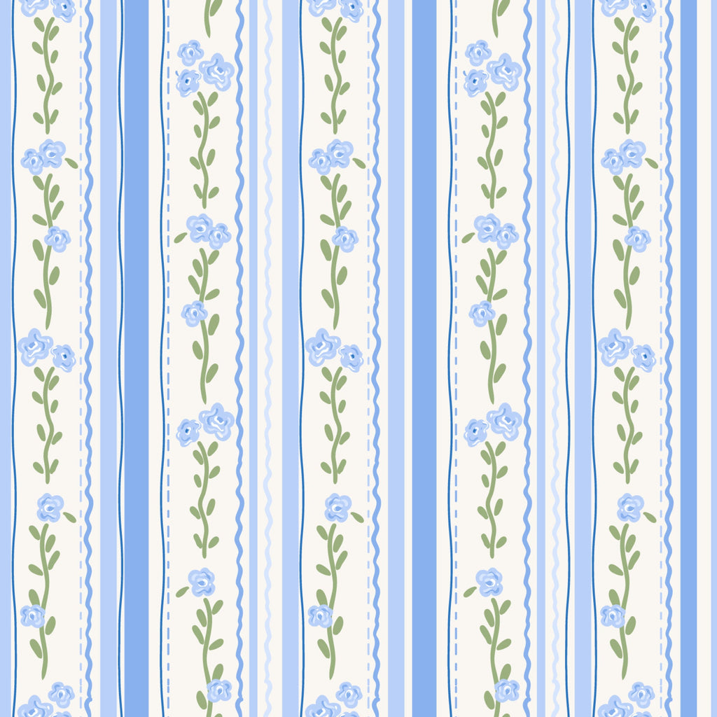 blue stripes, cream background, floral pattern, small roses, green leaves, vertical stripes,, fabric panel, delicate flowers, soft blue, pastel colors, botanical design, feminine pattern, cottage style, vintage inspired, repeating motif, decorative borders, wavy lines, romantic floral, crafting fabric