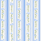 blue stripes, cream background, floral pattern, small roses, green leaves, vertical stripes,, fabric panel, delicate flowers, soft blue, pastel colors, botanical design, feminine pattern, cottage style, vintage inspired, repeating motif, decorative borders, wavy lines, romantic floral, crafting fabric