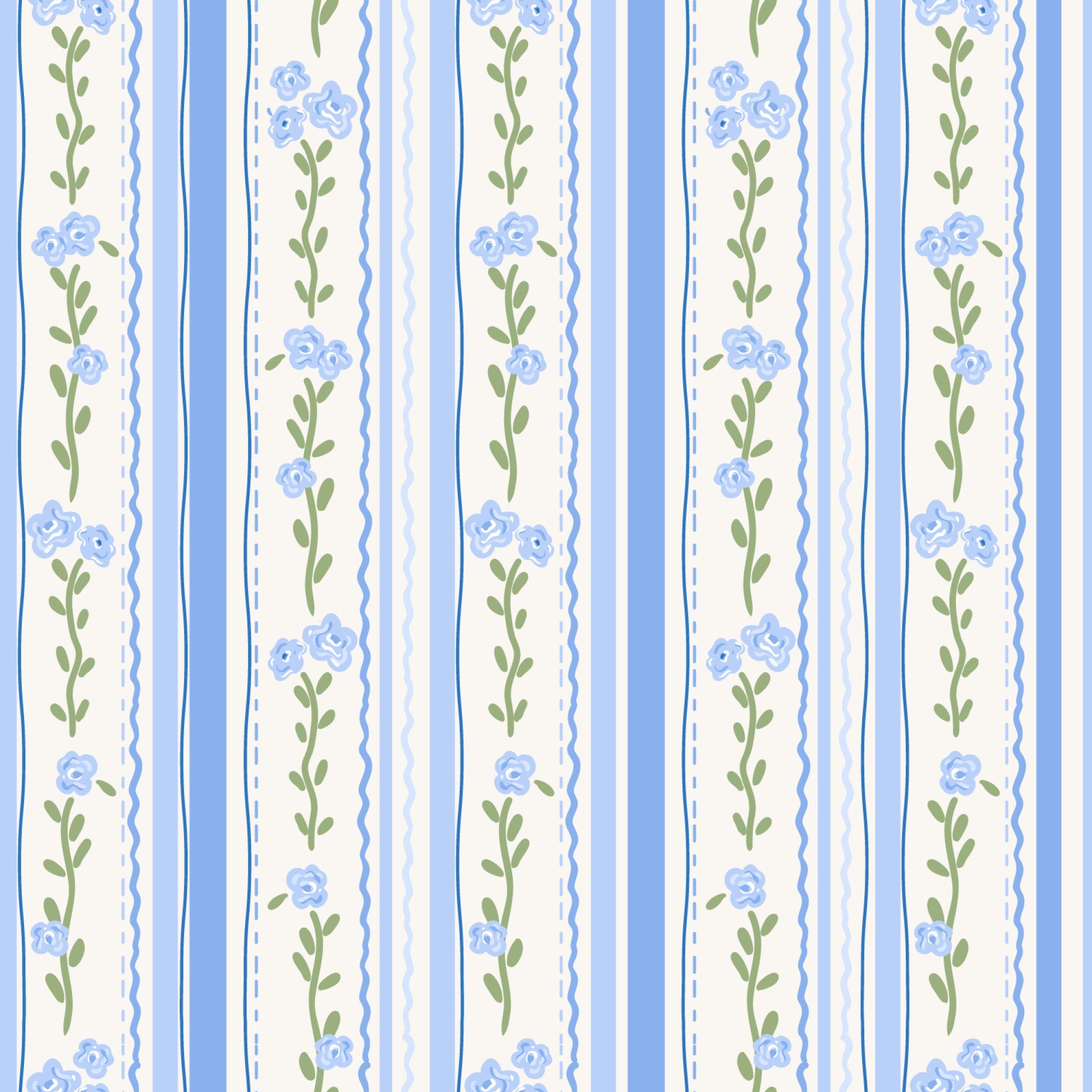 blue stripes, cream background, floral pattern, small roses, green leaves, vertical stripes, quilting cotton, fabric panel, delicate flowers, soft blue, pastel colors, botanical design, feminine pattern, cottage style, vintage inspired, repeating motif, decorative borders, wavy lines, romantic floral, crafting fabric