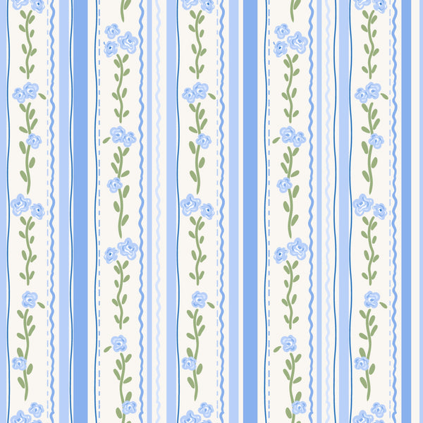 blue stripes, cream background, floral pattern, small roses, green leaves, vertical stripes,, fabric panel, delicate flowers, soft blue, pastel colors, botanical design, feminine pattern, cottage style, vintage inspired, repeating motif, decorative borders, wavy lines, romantic floral, crafting fabric
