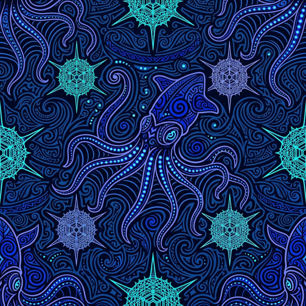 navy blue, cyan blue, electric blue, neon turquoise, deep blue, glowing blue, cosmic blue, abstract, geometric, psychedelic, mandala, celestial, starburst, snowflake, intricate, modern, bohemian, mystical, sci-fi, futuristic, neon, glow-in-the-dark aesthetic, symmetrical, ornate, intricate patterns, trippy, space-themed, winter, crystalline, geometric florals