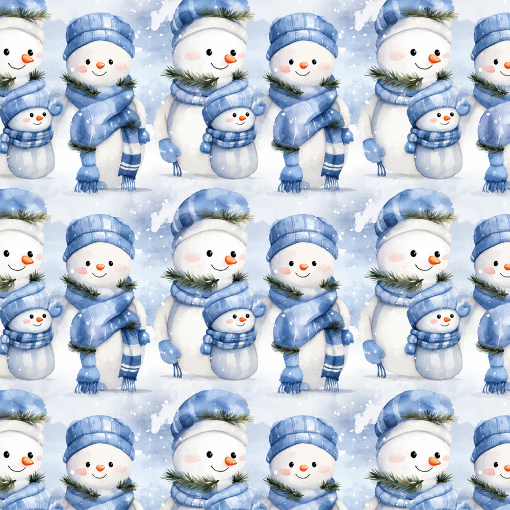 winter snowman, blue and white, light blue, cornflower blue, white, orange carrot nose, evergreen branches, pine trees, festive, holiday, christmas, winter theme, whimsical, cute, playful, family snowmen, small snowman, children's, kids room, nursery, baby, seasonal, snowy background, cheerful, charming, traditional holiday, decorative, sweet, adorable
