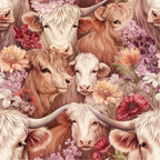 highland cows, floral pattern,, fabric panel, peach tones, coral flowers, purple blooms, cream colored, brown cattle, pastoral design, farm animals, botanical elements, soft pastels, decorative florals, country style, rustic charm, seamless repeat, cotton fabric, crafting material, sewing supplies
