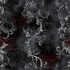charcoal gray, black, deep burgundy, dark red, silver, ornamental, baroque, damask, vintage, elegant, gothic, dramatic, scrollwork, flourishes, filigree, classical, sophisticated, moody, distressed, grunge, dark academia, victorian, ornate, luxury, statement fabric, home decor, upholstery, throws, sophisticated style