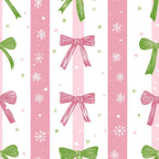 sweet pink, christmas pattern,, fabric panel, pink stripes, green bows, pink bows, white snowflakes, vertical stripes, holiday motif, festive design, winter theme, ribbon bows, snowflake pattern, pastel colors, soft pink, mint green, whimsical style, seasonal fabric, cotton fabric