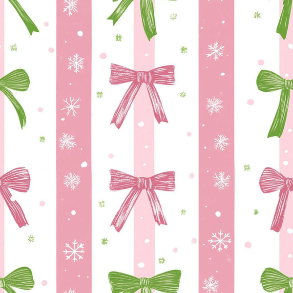 sweet pink, christmas pattern,, fabric panel, pink stripes, green bows, pink bows, white snowflakes, vertical stripes, holiday motif, festive design, winter theme, ribbon bows, snowflake pattern, pastel colors, soft pink, mint green, whimsical style, seasonal fabric, cotton fabric