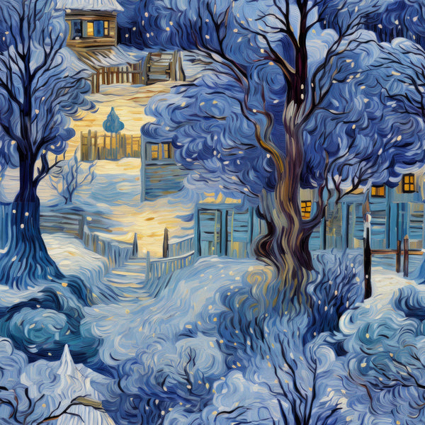 winter scene,, fabric panel, swirling sky, bare trees, snow covered, cottage houses, warm windows, blue tones, golden light, van gogh style, impressionistic, evening twilight, rural village, flowing brushstrokes, peaceful atmosphere, winter landscape, artistic pattern, cozy homes, starry night effect