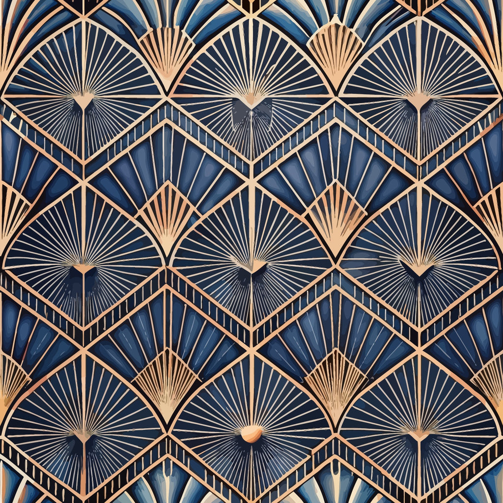 navy blue, copper, gold, art deco, geometric pattern, fan motifs, radiating lines, sunburst design, diamond shapes, chevron pattern, metallic accents, vintage style, repeating pattern,, fabric panel, luxurious, elegant, angular design, 1920s inspired, decorative motifs
