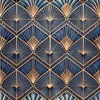 navy blue, copper, gold, art deco, geometric pattern, fan motifs, radiating lines, sunburst design, diamond shapes, chevron pattern, metallic accents, vintage style, repeating pattern,, fabric panel, luxurious, elegant, angular design, 1920s inspired, decorative motifs
