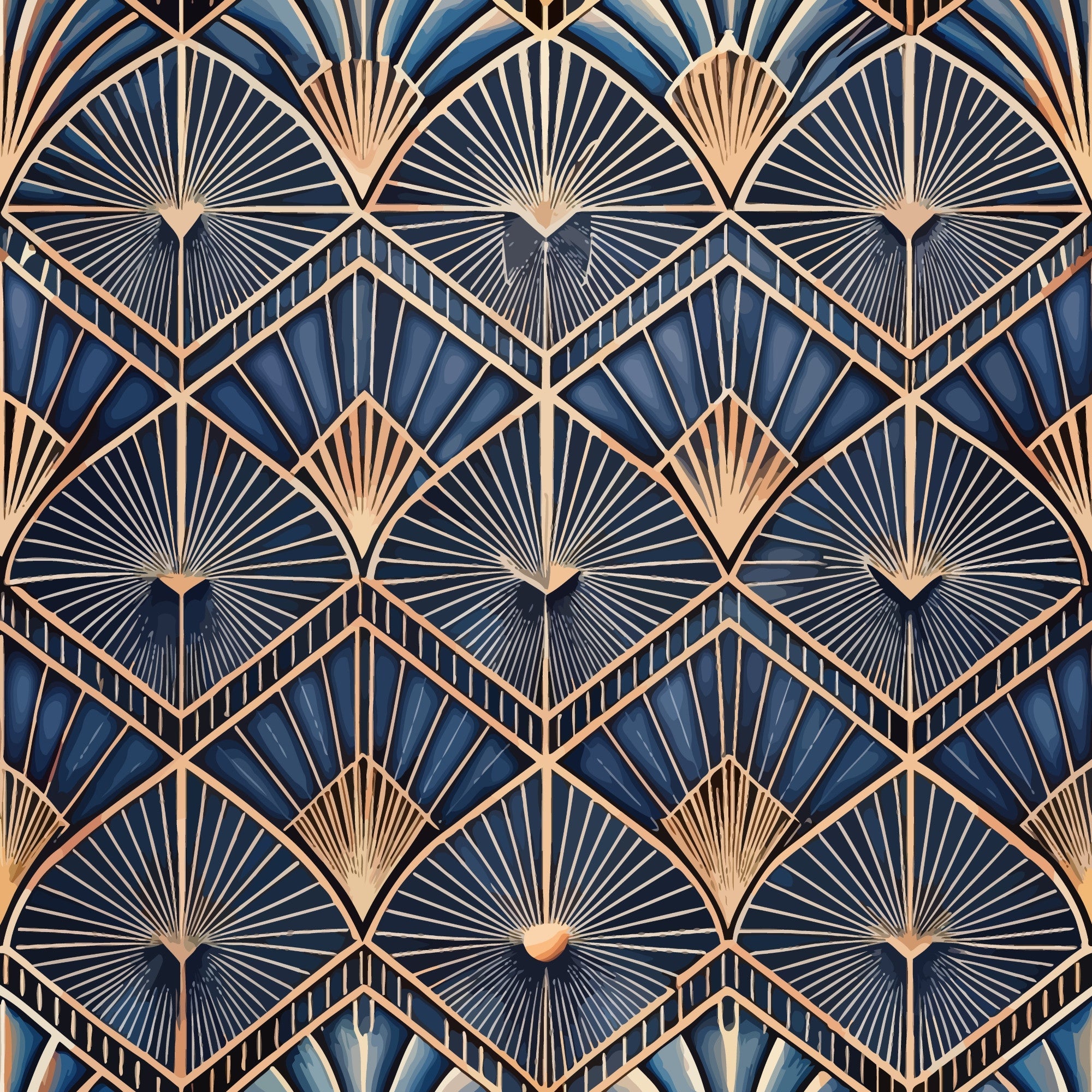navy blue, copper, gold, art deco, geometric pattern, fan motifs, radiating lines, sunburst design, diamond shapes, chevron pattern, metallic accents, vintage style, repeating pattern,, fabric panel, luxurious, elegant, angular design, 1920s inspired, decorative motifs