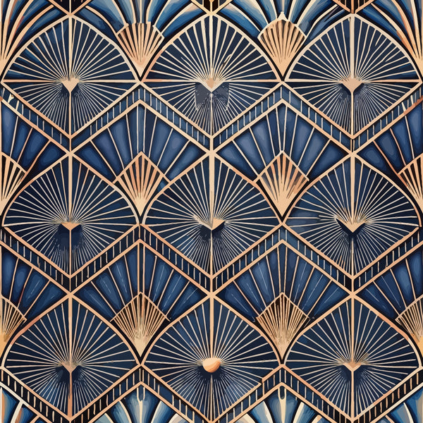 navy blue, copper, gold, art deco, geometric pattern, fan motifs, radiating lines, sunburst design, diamond shapes, chevron pattern, metallic accents, vintage style, repeating pattern,, fabric panel, luxurious, elegant, angular design, 1920s inspired, decorative motifs