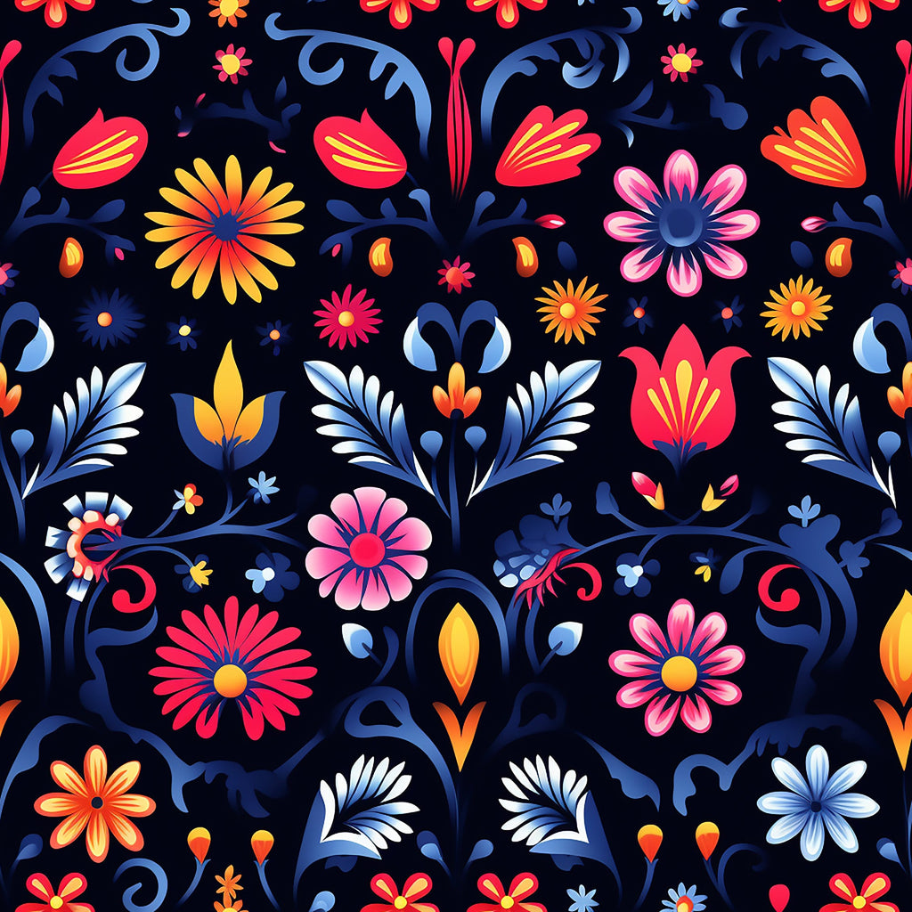 navy blue background, coral flowers, pink blossoms, orange daisies, yellow blooms, blue foliage, decorative swirls, floral motifs, folk art style, vibrant colors,, fabric panel, mexican inspired, festive pattern, botanical design, colorful florals, ornamental leaves, whimsical flowers, bright palette