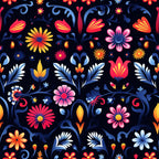 navy blue background, coral flowers, pink blossoms, orange daisies, yellow blooms, blue foliage, decorative swirls, floral motifs, folk art style, vibrant colors,, fabric panel, mexican inspired, festive pattern, botanical design, colorful florals, ornamental leaves, whimsical flowers, bright palette