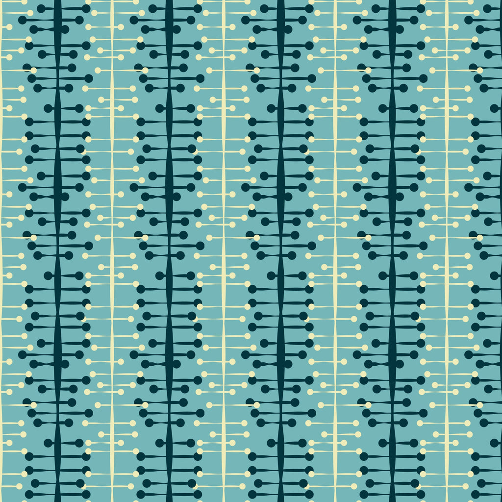 teal, sage green, cream, atomic age, mid-century modern, geometric pattern, connected circles, dots, lines, retro design, 1950s style, modernist, abstract shapes, repetitive motif, quilting cotton, fabric panel, vintage inspired, decorative pattern, interconnected elements