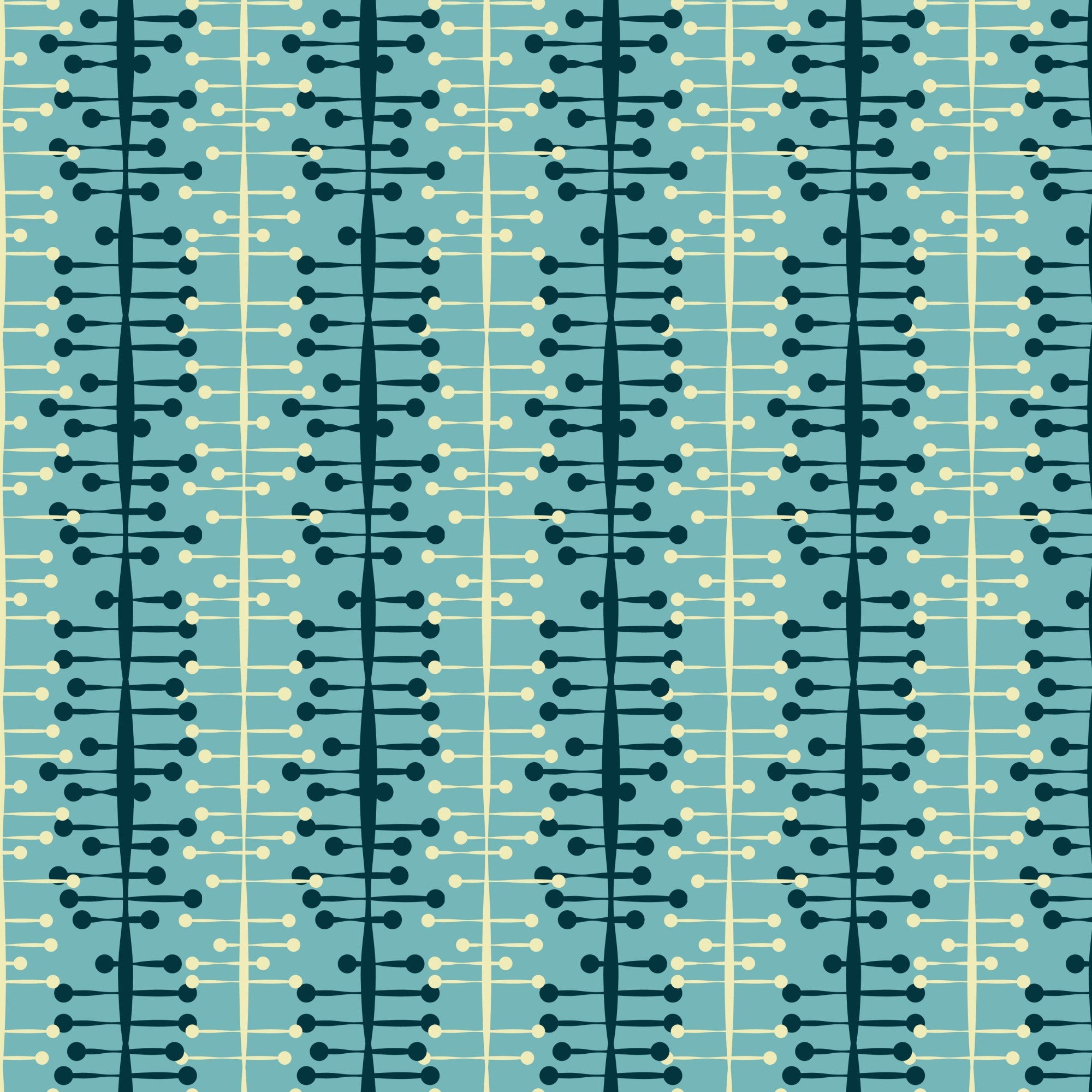 teal, sage green, cream, atomic age, mid-century modern, geometric pattern, connected circles, dots, lines, retro design, 1950s style, modernist, abstract shapes, repetitive motif, quilting cotton, fabric panel, vintage inspired, decorative pattern, interconnected elements