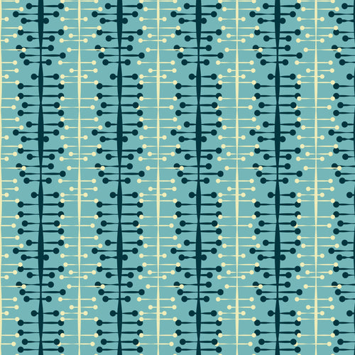 teal, sage green, cream, atomic age, mid-century modern, geometric pattern, connected circles, dots, lines, retro design, 1950s style, modernist, abstract shapes, repetitive motif, quilting cotton, fabric panel, vintage inspired, decorative pattern, interconnected elements