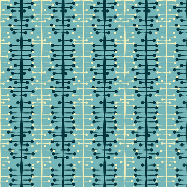 teal, sage green, cream, atomic age, mid-century modern, geometric pattern, connected circles, dots, lines, retro design, 1950s style, modernist, abstract shapes, repetitive motif, quilting cotton, fabric panel, vintage inspired, decorative pattern, interconnected elements