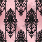 rose pink, black damask, damask pattern, ornamental design, baroque style, elegant, vintage, luxe, ornate florals, scrollwork, formal, classic, gothic, romantic, sophisticated, distressed texture, grunge finish, textured background, decorative medallions, floral motifs, traditional pattern, upscale, dramatic, black and pink, mauve undertones, dusty rose background, ornate details, statement pattern, timeless design