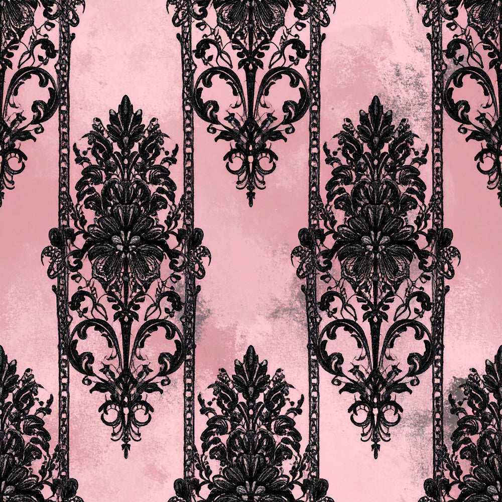 rose pink, black damask, damask pattern, ornamental design, baroque style, elegant, vintage, luxe, ornate florals, scrollwork, formal, classic, gothic, romantic, sophisticated, distressed texture, grunge finish, textured background, decorative medallions, floral motifs, traditional pattern, upscale, dramatic, black and pink, mauve undertones, dusty rose background, ornate details, statement pattern, timeless design