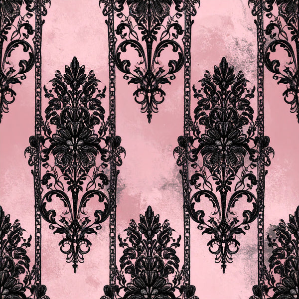 rose pink, black damask, damask pattern, ornamental design, baroque style, elegant, vintage, luxe, ornate florals, scrollwork, formal, classic, gothic, romantic, sophisticated, distressed texture, grunge finish, textured background, decorative medallions, floral motifs, traditional pattern, upscale, dramatic, black and pink, mauve undertones, dusty rose background, ornate details, statement pattern, timeless design