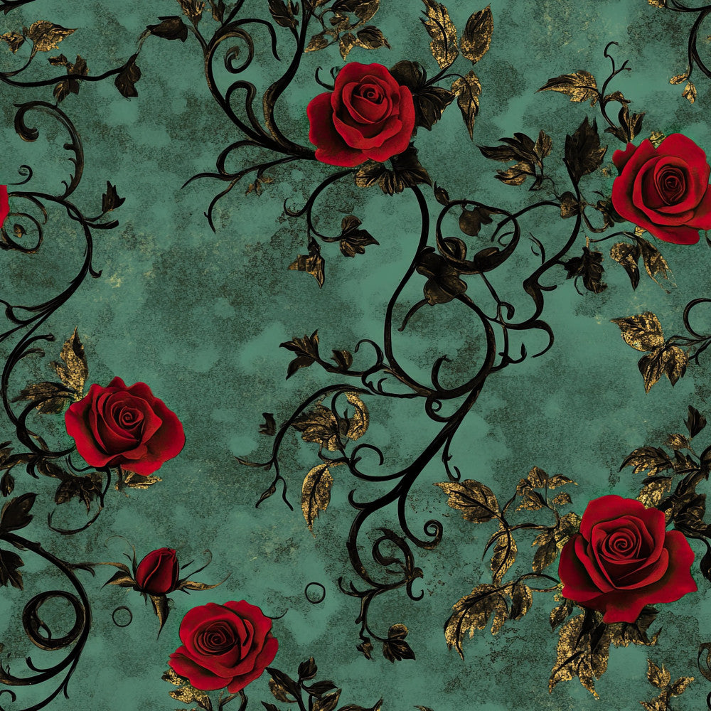 teal, turquoise, sage green, red roses, deep red, gold accents, vintage floral, romantic, elegant, ornate scrolls, botanical, damask style, gothic romance, luxe, traditional, classic, sophisticated, decorative vines, black vines, gilded leaves, dark academia, moody, antique, victorian, timeless, garden, nature-inspired, statement design