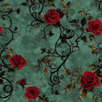 teal, turquoise, sage green, red roses, deep red, gold accents, vintage floral, romantic, elegant, ornate scrolls, botanical, damask style, gothic romance, luxe, traditional, classic, sophisticated, decorative vines, black vines, gilded leaves, dark academia, moody, antique, victorian, timeless, garden, nature-inspired, statement design
