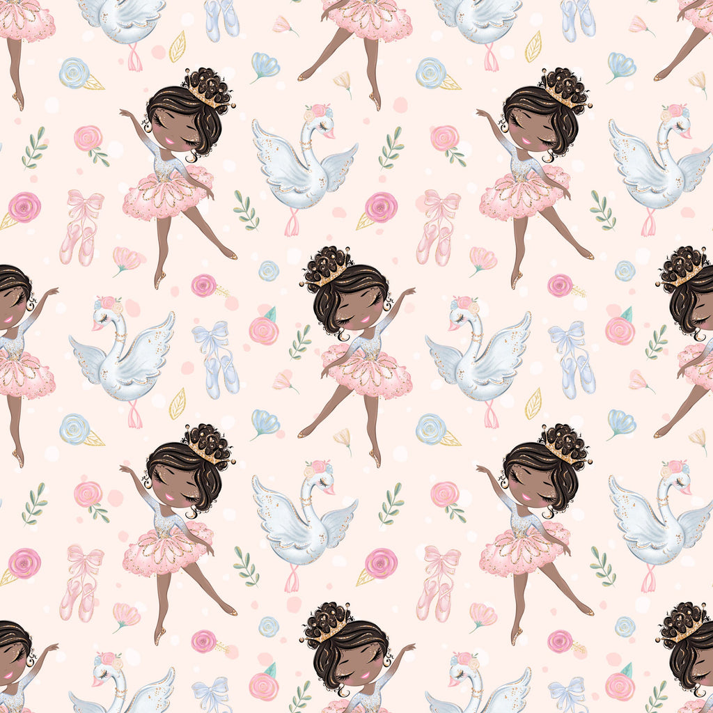 pink, blush, white, blue, ballet dancers, ballerinas, swans, roses, floral, ballet shoes, pointe shoes, tutus, bows, ribbons, whimsical, delicate, feminine, repeating pattern,, children's fabric, graceful, soft pastels, dance theme