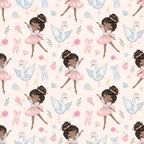 pink, blush, white, blue, ballet dancers, ballerinas, swans, roses, floral, ballet shoes, pointe shoes, tutus, bows, ribbons, whimsical, delicate, feminine, repeating pattern,, children's fabric, graceful, soft pastels, dance theme