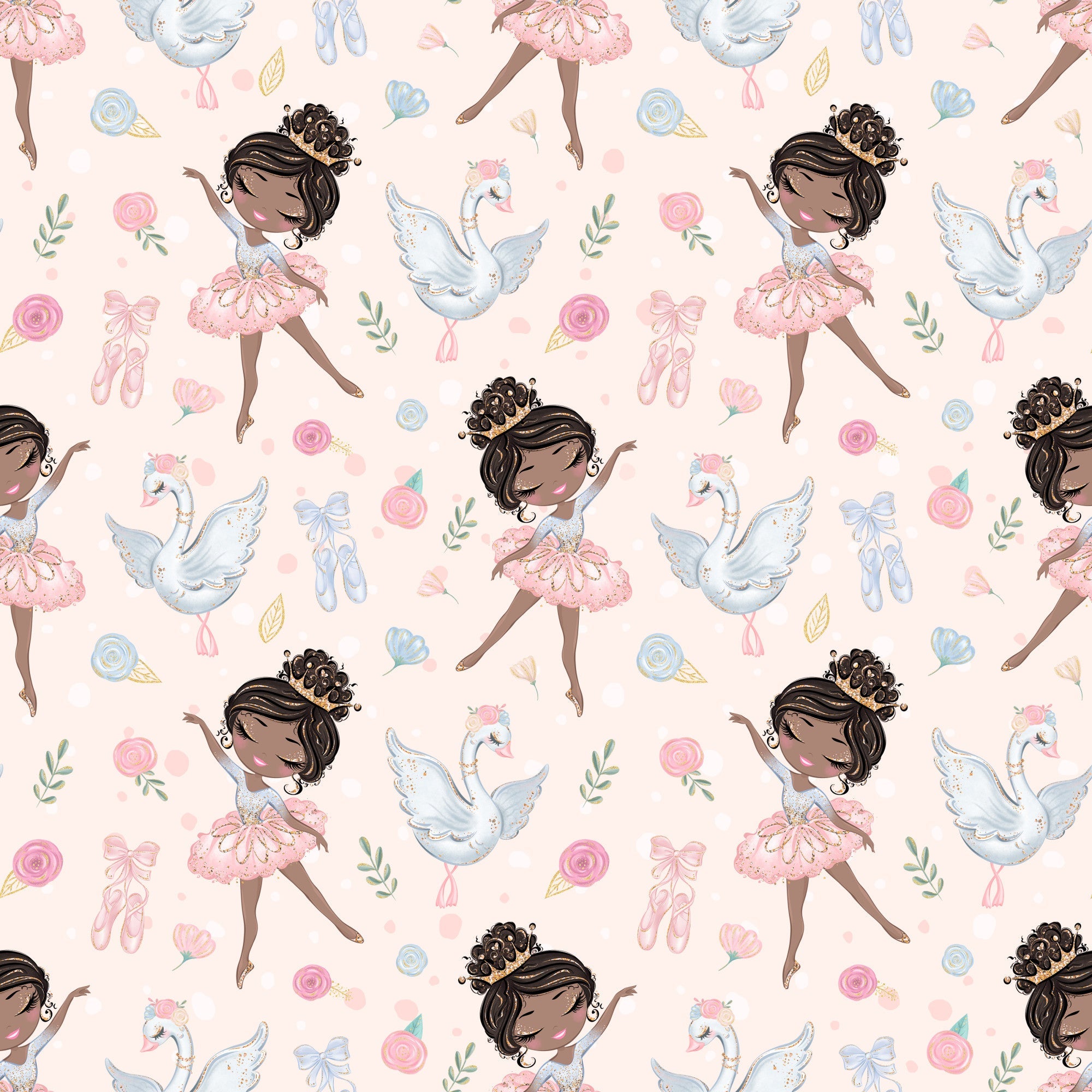 pink, blush, white, blue, ballet dancers, ballerinas, swans, roses, floral, ballet shoes, pointe shoes, tutus, bows, ribbons, whimsical, delicate, feminine, repeating pattern,, children's fabric, graceful, soft pastels, dance theme