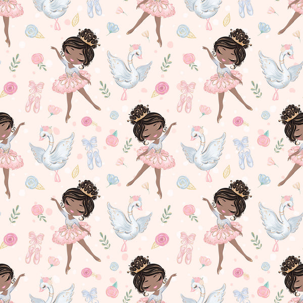 pink, blush, white, blue, ballet dancers, ballerinas, swans, roses, floral, ballet shoes, pointe shoes, tutus, bows, ribbons, whimsical, delicate, feminine, repeating pattern,, children's fabric, graceful, soft pastels, dance theme