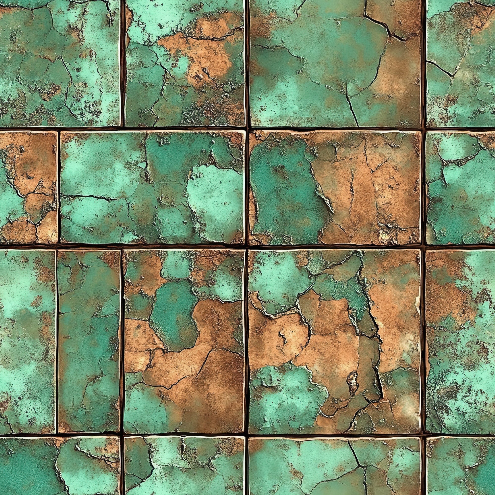 turquoise, copper, oxidized metal, patina, weathered tiles, cracked surface, aged texture, rustic finish, southwestern style, desert colors, vintage patina, distressed look,, fabric panel, western theme, antiqued copper, verdigris, ceramic tiles, bohemian style, earthy tones