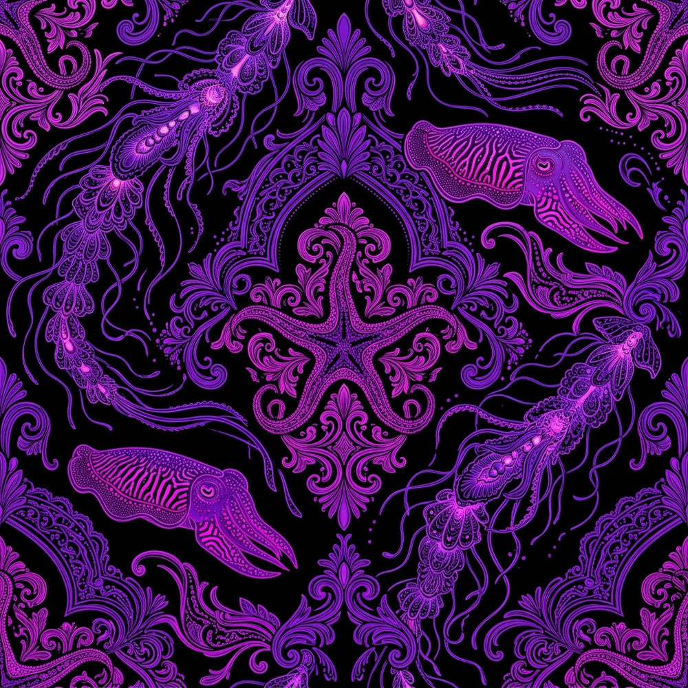magenta, purple, violet, neon purple, bright purple, ornate, baroque, damask, paisley, starfish, cuttlefish, squid, octopus, sea creatures, marine life, nautical, ocean, underwater, ornamental, decorative, elegant, gothic, dark, dramatic, bohemian, whimsical, celestial, intricate, detailed, victorian