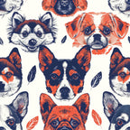 dog faces, animal portraits, navy blue, coral red, cream background, sketched illustration, pet pattern,, fabric panel, repeating design, canine breeds, artistic rendering, hand-drawn style, vintage inspired, small leaves, detailed fur texture, expressive eyes, mixed dog breeds