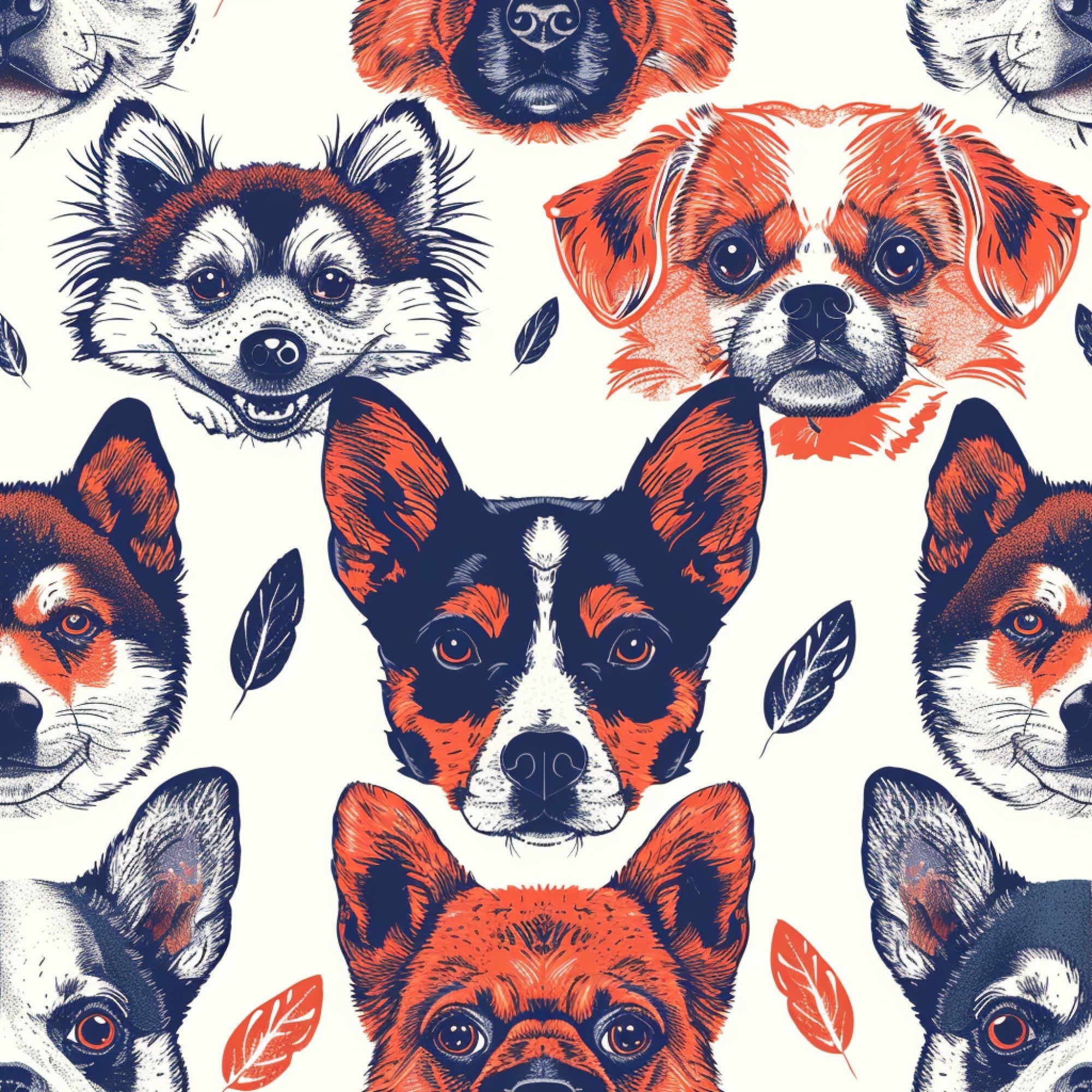 dog faces, animal portraits, navy blue, coral red, cream background, sketched illustration, pet pattern,, fabric panel, repeating design, canine breeds, artistic rendering, hand-drawn style, vintage inspired, small leaves, detailed fur texture, expressive eyes, mixed dog breeds
