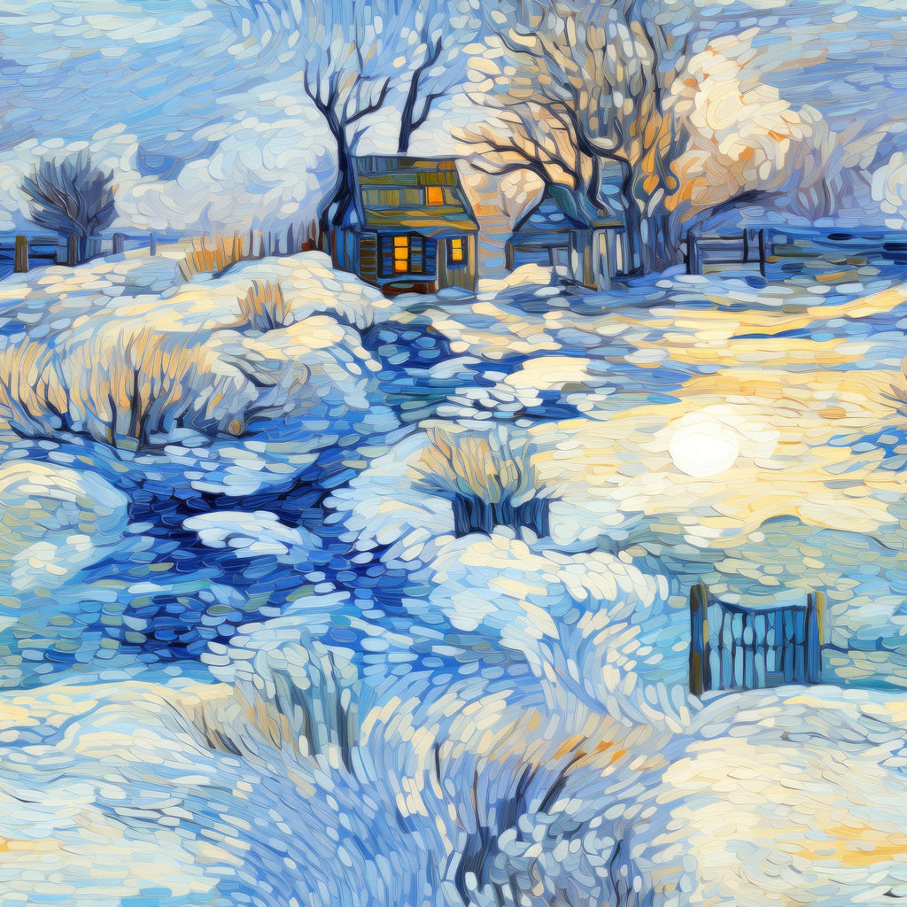 winter scene, dawn sky, snow covered landscape, cottage house, bare trees, flowing stream, swirling brushstrokes, impressionist style, blue tones, cream colors, orange accents,, fabric panel, peaceful mood, rural setting, post-impressionist, textured appearance, winter morning, cozy cabin, artistic rendering