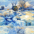 winter scene, dawn sky, snow covered landscape, cottage house, bare trees, flowing stream, swirling brushstrokes, impressionist style, blue tones, cream colors, orange accents,, fabric panel, peaceful mood, rural setting, post-impressionist, textured appearance, winter morning, cozy cabin, artistic rendering