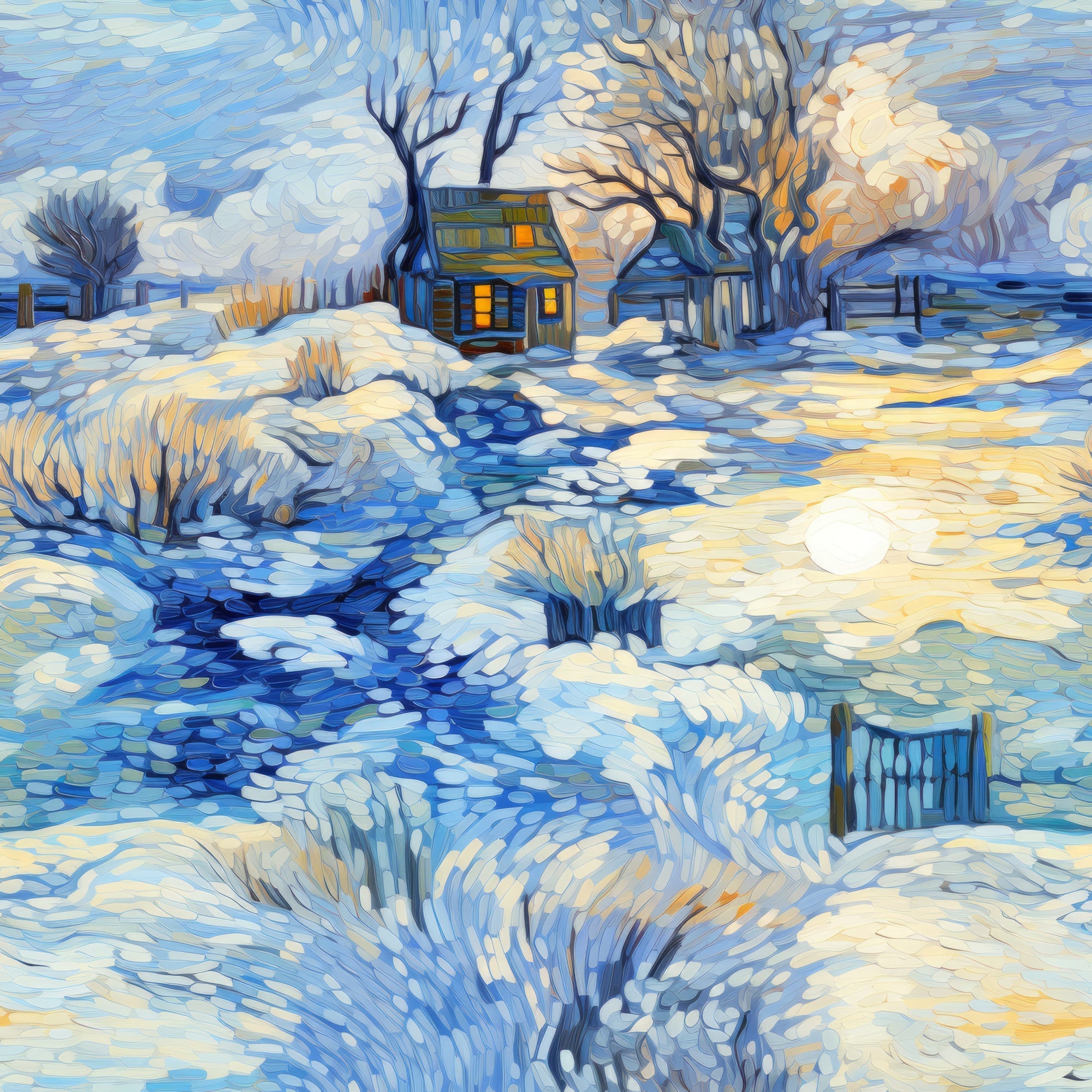 winter scene, dawn sky, snow covered landscape, cottage house, bare trees, flowing stream, swirling brushstrokes, impressionist style, blue tones, cream colors, orange accents,, fabric panel, peaceful mood, rural setting, post-impressionist, textured appearance, winter morning, cozy cabin, artistic rendering