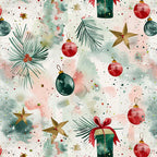 christmas, holiday, festive, watercolor, red ornaments, forest green, dusty rose, blush pink, gold stars, teal pine branches, winter, celestial, elegant, whimsical, modern, baubles, evergreen, decorative dots, sparkle, seasonal, gift giving, celebration, vintage holiday, soft aesthetic, nature inspired, botanical, abstract splatter, metallic accents, traditional christmas colors, nursery