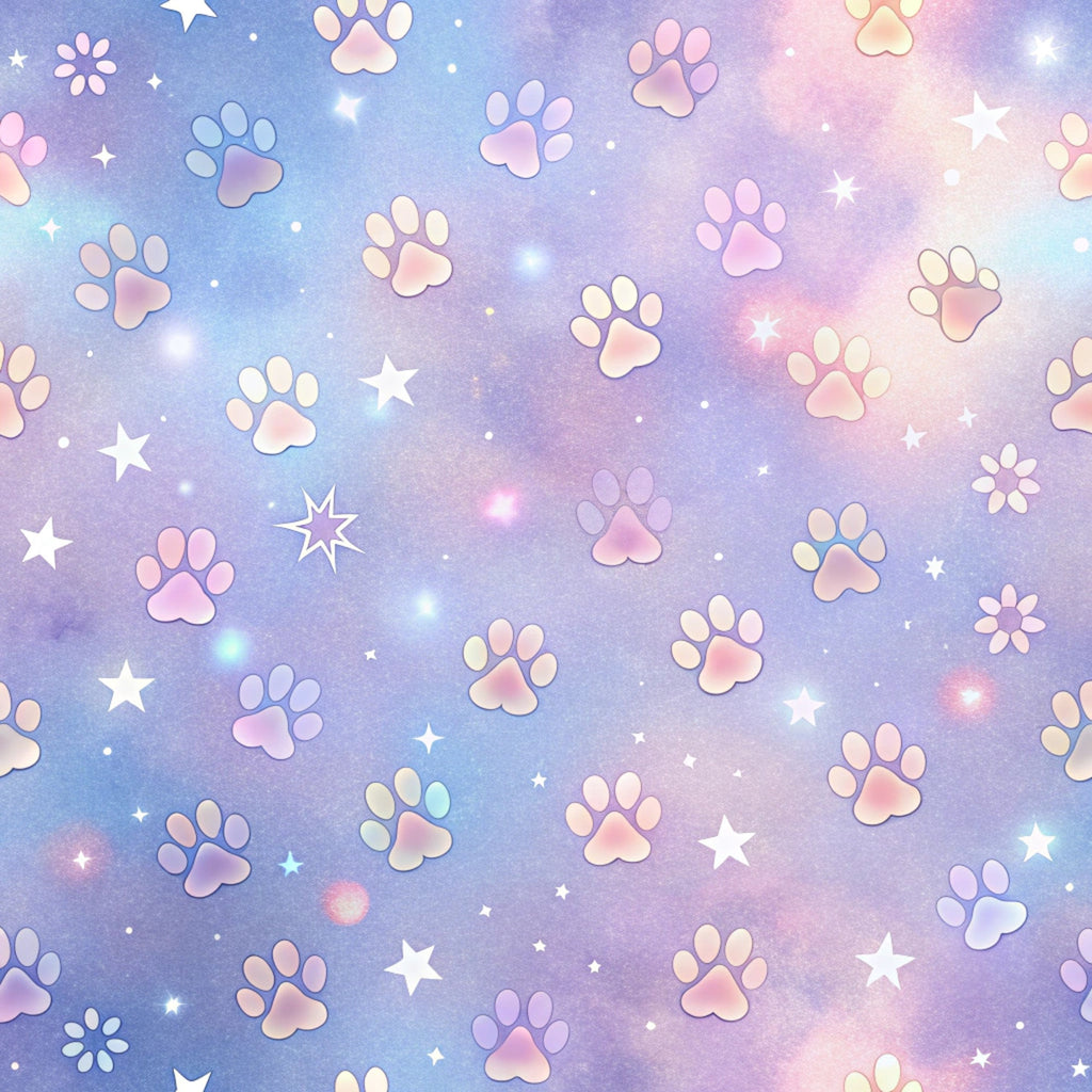 dog paws, paw prints, pastel colors, purple background, pink gradients, blue gradients, stars, sparkles, whimsical pattern, dreamy aesthetic, galaxy background, celestial theme,, fabric panel, pet theme, animal prints, soft pastels, magical atmosphere, scattered design, cosmic pattern