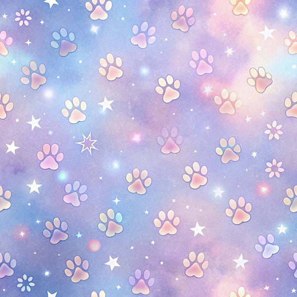 dog paws, paw prints, pastel colors, purple background, pink gradients, blue gradients, stars, sparkles, whimsical pattern, dreamy aesthetic, galaxy background, celestial theme,, fabric panel, pet theme, animal prints, soft pastels, magical atmosphere, scattered design, cosmic pattern
