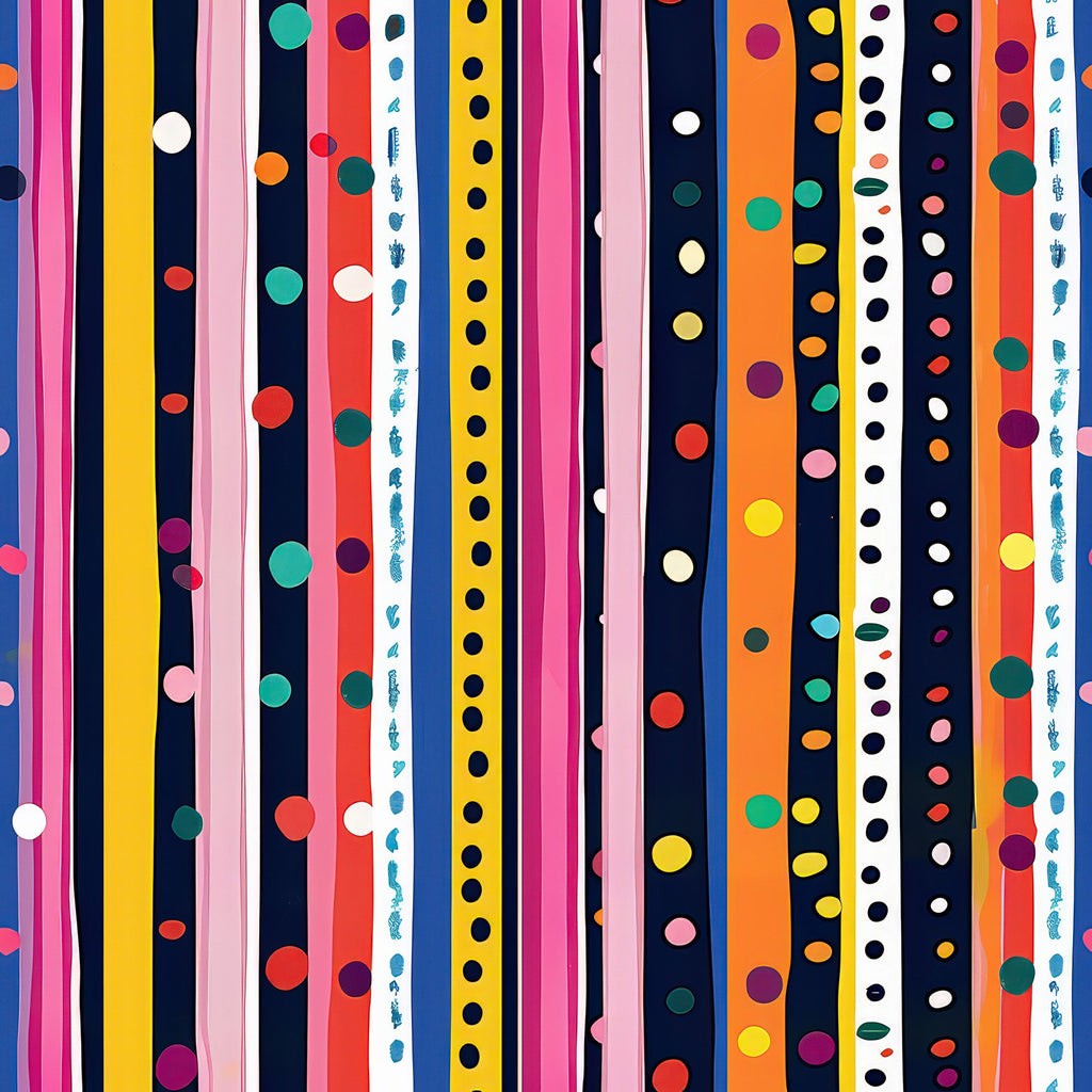 bright stripes, colorful dots, vertical bands, navy blue, hot pink, yellow, orange, red, teal, white, purple, geometric pattern, polka dots, vibrant colors,, fabric panel, modern design, playful pattern, cheerful mood, multicolored stripes