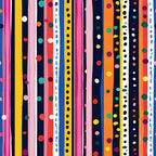 bright stripes, colorful dots, vertical bands, navy blue, hot pink, yellow, orange, red, teal, white, purple, geometric pattern, polka dots, vibrant colors,, fabric panel, modern design, playful pattern, cheerful mood, multicolored stripes