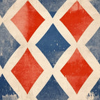 red, blue, cream, white, diamond pattern, geometric design, distressed texture, weathered look, patriotic colors, americana, vintage style,, fabric panel, worn appearance, rustic finish, repeating motif, angular shapes, faded effect, cotton fabric, craft material