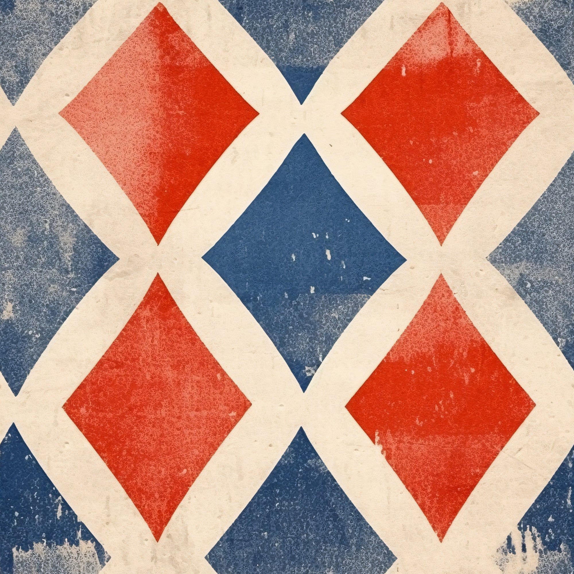 red, blue, cream, white, diamond pattern, geometric design, distressed texture, weathered look, patriotic colors, americana, vintage style,, fabric panel, worn appearance, rustic finish, repeating motif, angular shapes, faded effect, cotton fabric, craft material
