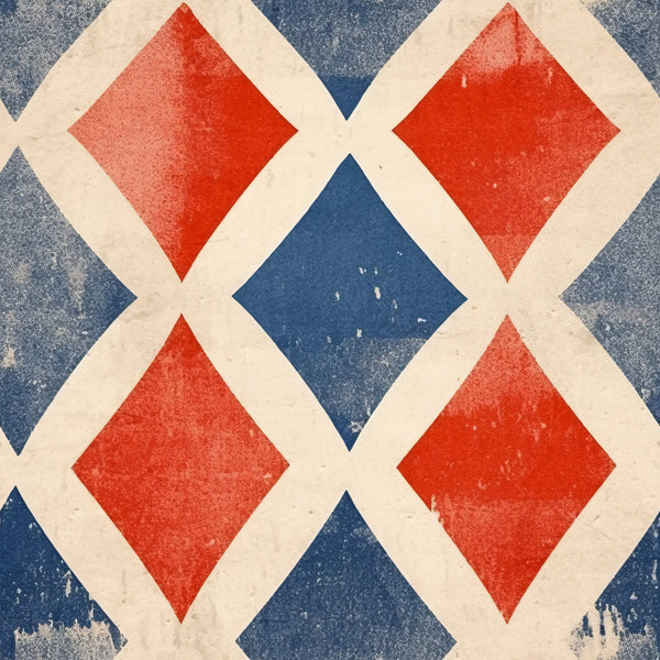 red, blue, cream, white, diamond pattern, geometric design, distressed texture, weathered look, patriotic colors, americana, vintage style,, fabric panel, worn appearance, rustic finish, repeating motif, angular shapes, faded effect, cotton fabric, craft material