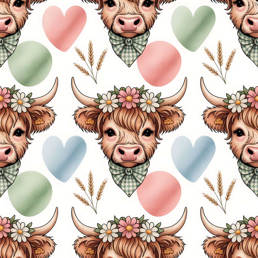 highland cow, cow heads, floral crown, gingham bandana, wheat stalks, pastel hearts, pink hearts, blue hearts, green hearts, brown fur, horns, cute animals, farm animals, cottagecore, watercolor style,, fabric panel, repeating pattern, country charm, rustic style