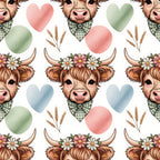 highland cow, cow heads, floral crown, gingham bandana, wheat stalks, pastel hearts, pink hearts, blue hearts, green hearts, brown fur, horns, cute animals, farm animals, cottagecore, watercolor style,, fabric panel, repeating pattern, country charm, rustic style