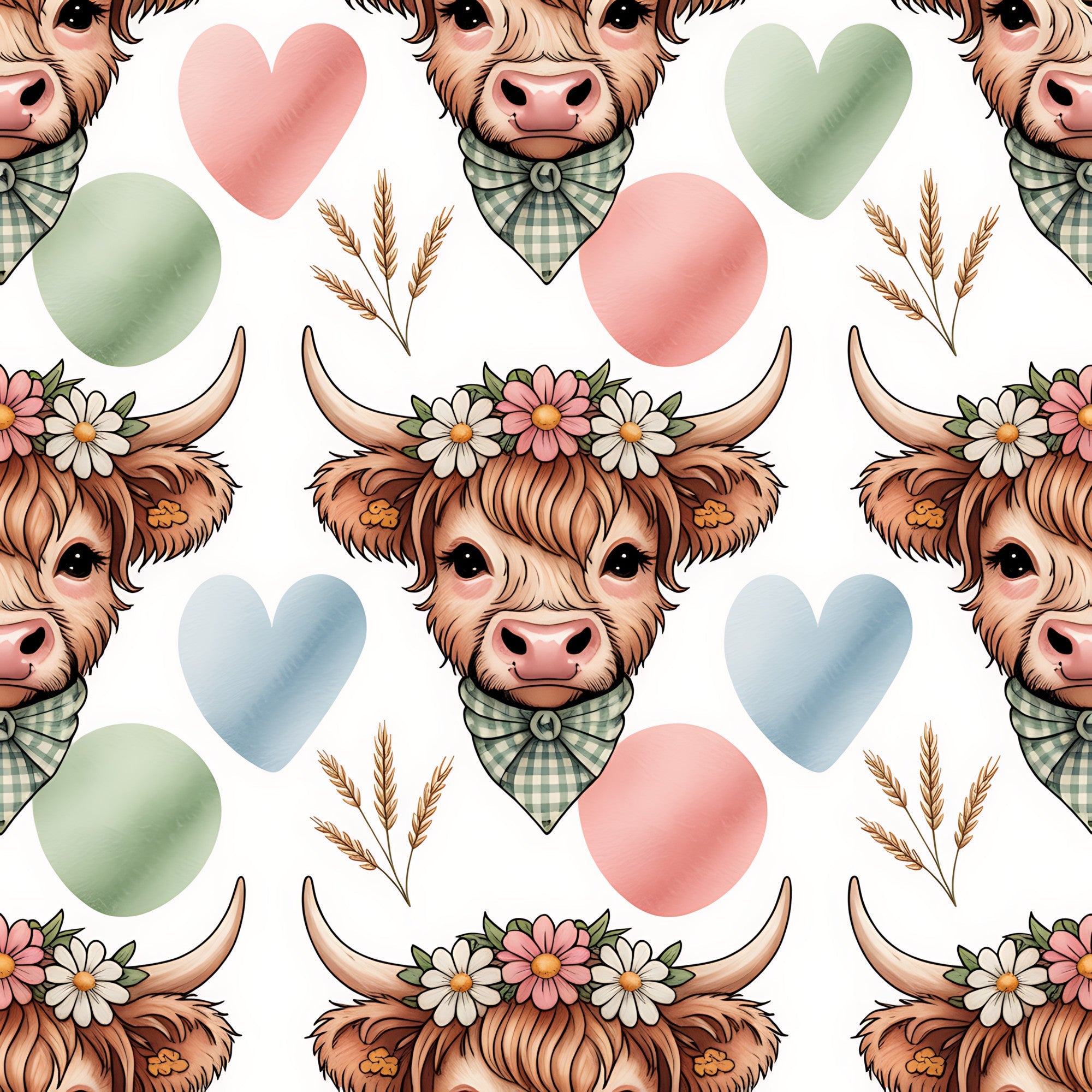 highland cow, cow heads, floral crown, gingham bandana, wheat stalks, pastel hearts, pink hearts, blue hearts, green hearts, brown fur, horns, cute animals, farm animals, cottagecore, watercolor style,, fabric panel, repeating pattern, country charm, rustic style