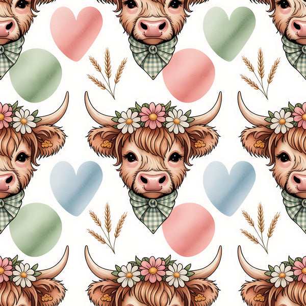 highland cow, cow heads, floral crown, gingham bandana, wheat stalks, pastel hearts, pink hearts, blue hearts, green hearts, brown fur, horns, cute animals, farm animals, cottagecore, watercolor style,, fabric panel, repeating pattern, country charm, rustic style