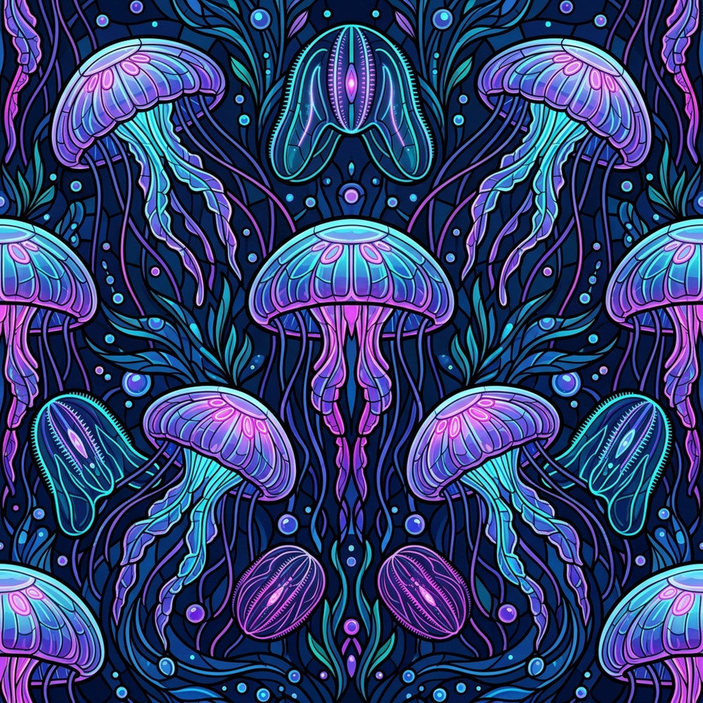 neon jellyfish, bioluminescent, deep navy blue, purple, cyan blue, magenta pink, neon pink, glowing, ocean themed, underwater, marine life, sea creatures, jellyfish pattern, symmetrical, psychedelic, abstract, whimsical, modern, bohemian, celestial vibes, glow in the dark aesthetic, tropical, aquatic, ethereal, cosmic, dreamy, vibrant, bold colors, dark background, intricate details